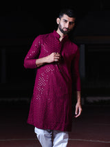 Maroon Rayon Sequence Embroidered Cotton Men's Kurta