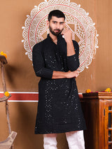 Black Rayon Sequence Embroidered Cotton Men's Kurta