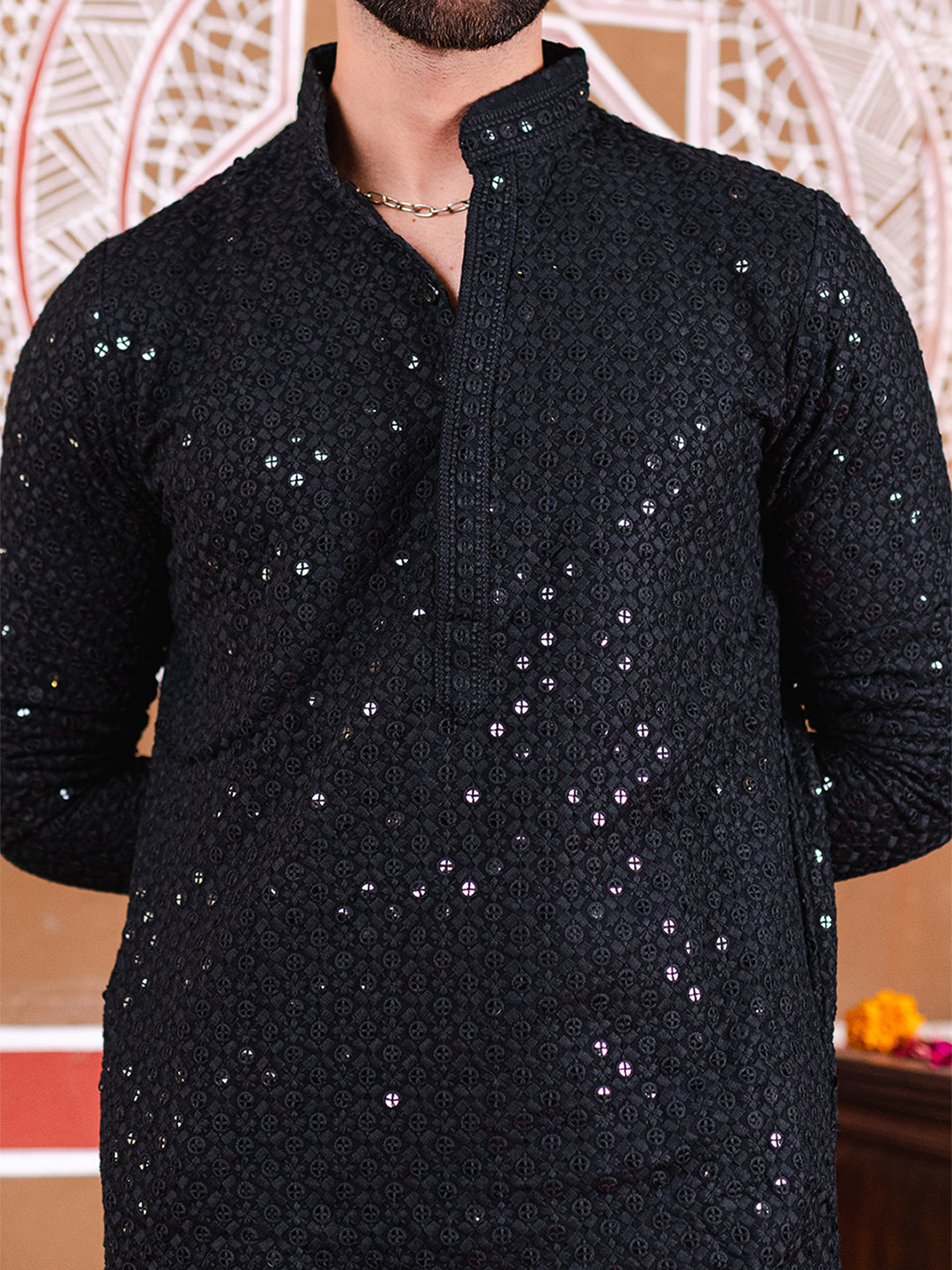 Black Rayon Sequence Embroidered Cotton Men's Kurta