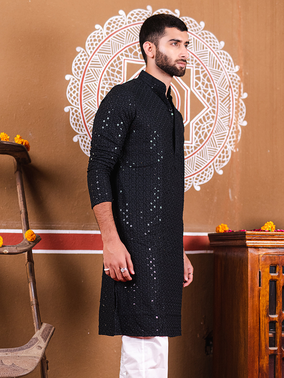 Black Rayon Sequence Embroidered Cotton Men's Kurta