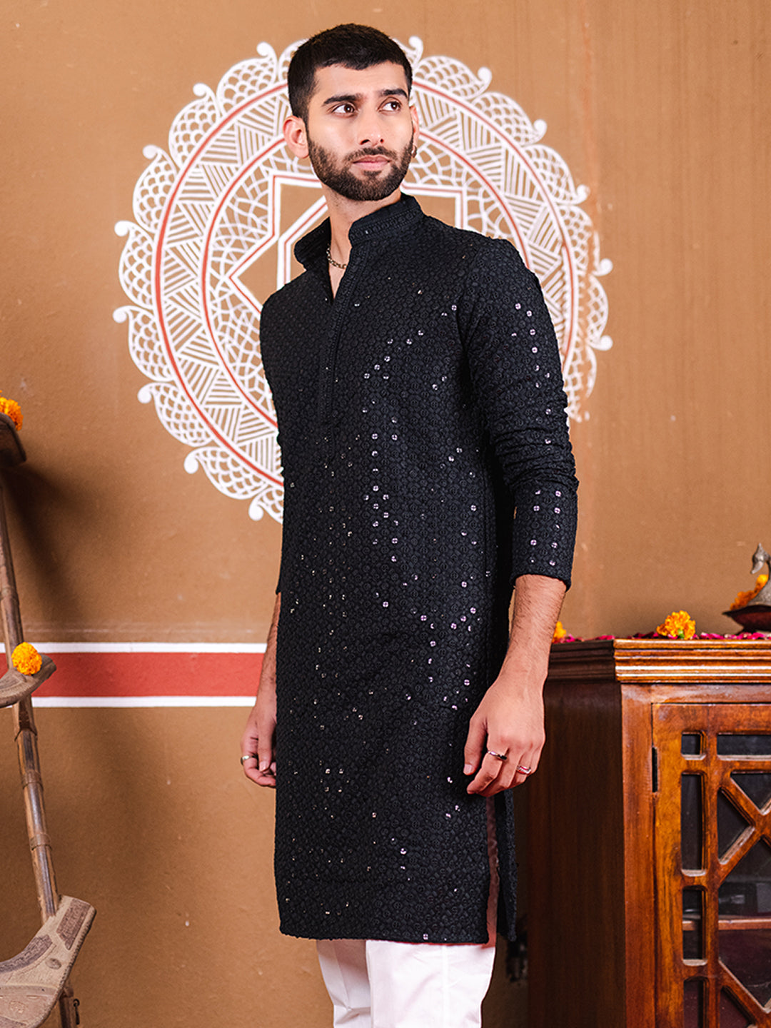 Black Rayon Sequence Embroidered Cotton Men's Kurta