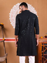 Black Rayon Sequence Embroidered Cotton Men's Kurta