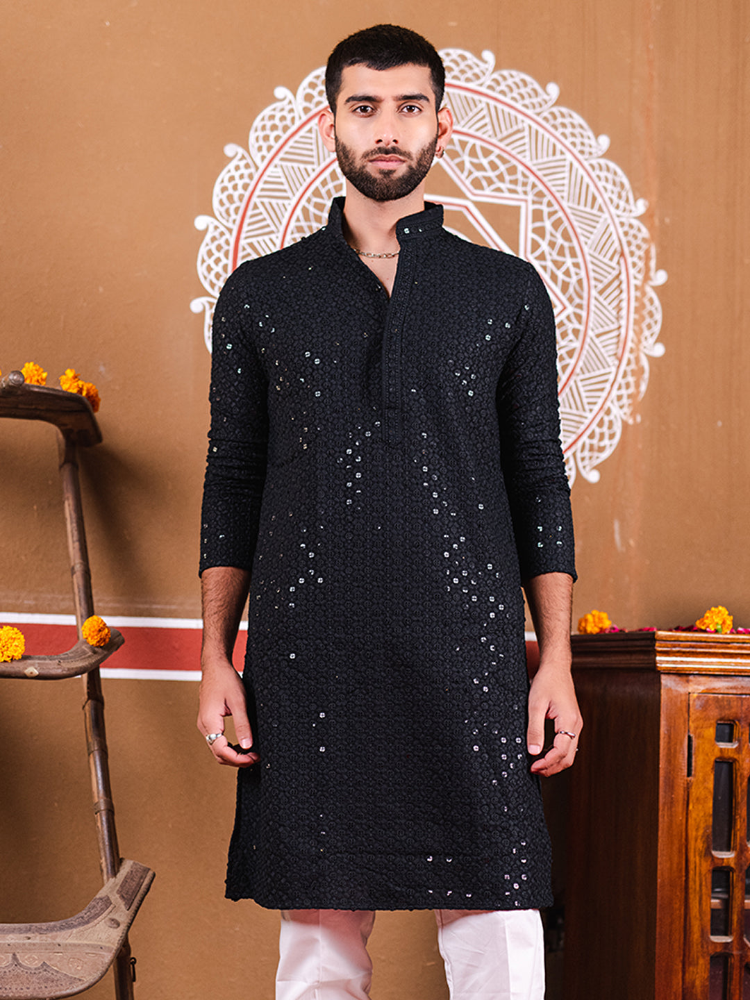 Black Rayon Sequence Embroidered Cotton Men's Kurta