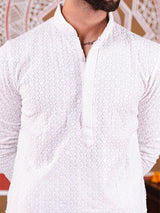 White Rayon Sequence Embroidered Cotton Men's Kurta