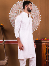 White Rayon Sequence Embroidered Cotton Men's Kurta