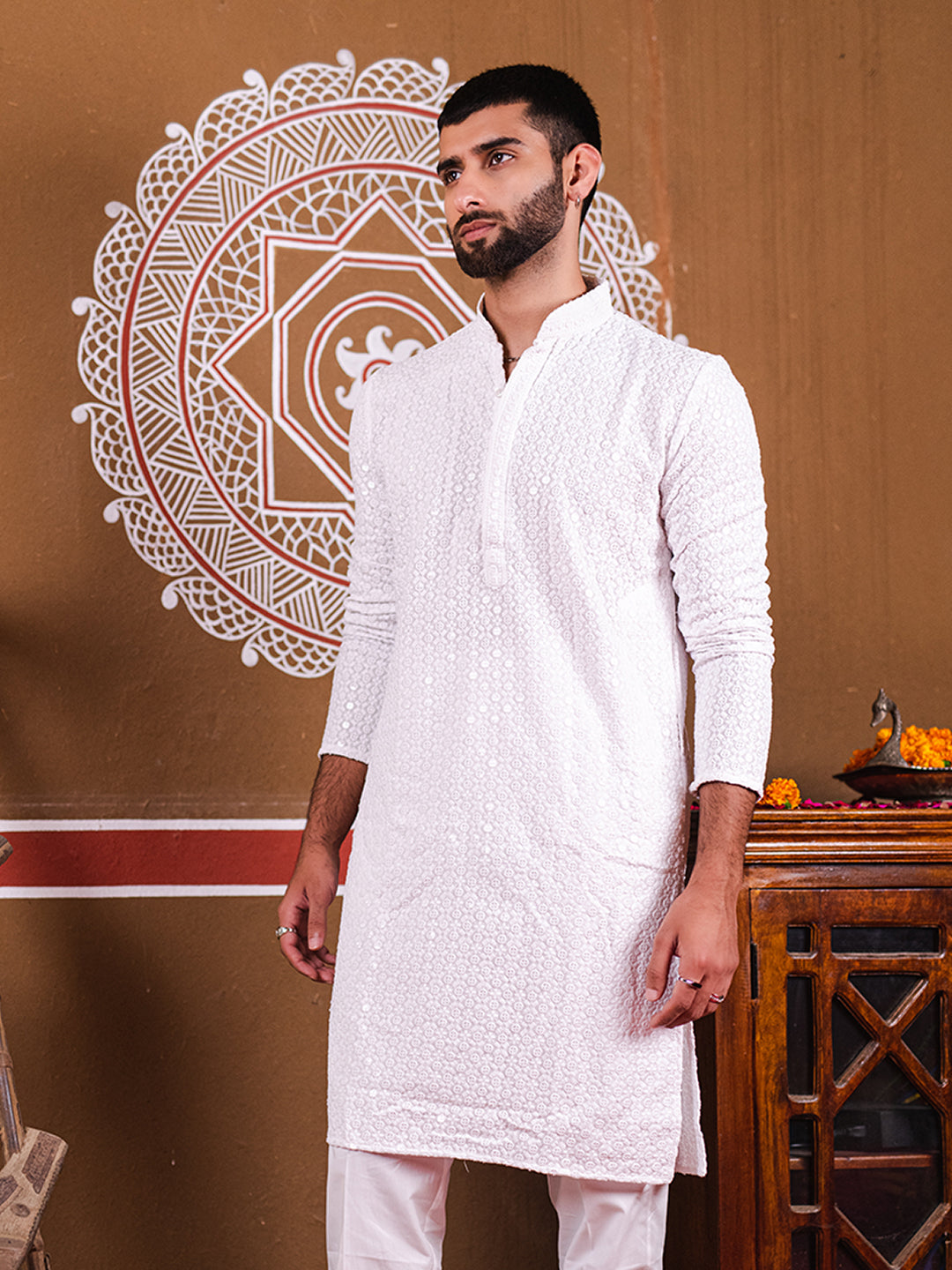 White Rayon Sequence Embroidered Cotton Men's Kurta