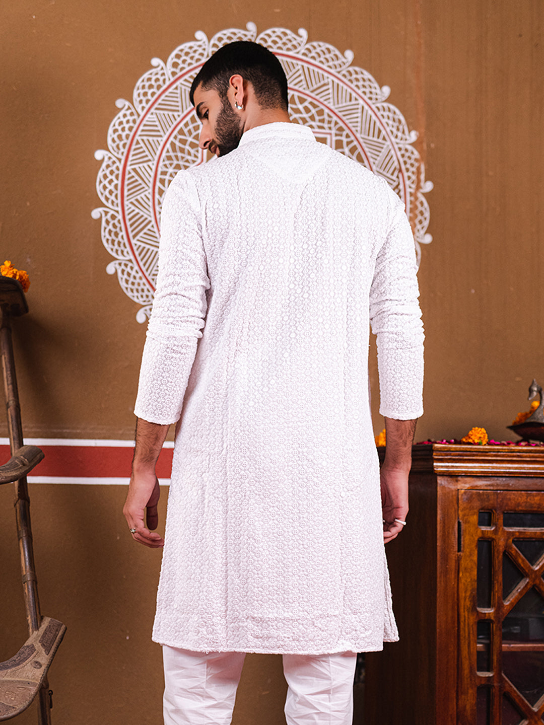 White Rayon Sequence Embroidered Cotton Men's Kurta