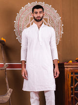 White Rayon Sequence Embroidered Cotton Men's Kurta