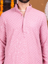 Dusty Rose Rayon Sequence Embroidered Cotton Men's Kurta