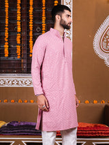 Dusty Rose Rayon Sequence Embroidered Cotton Men's Kurta