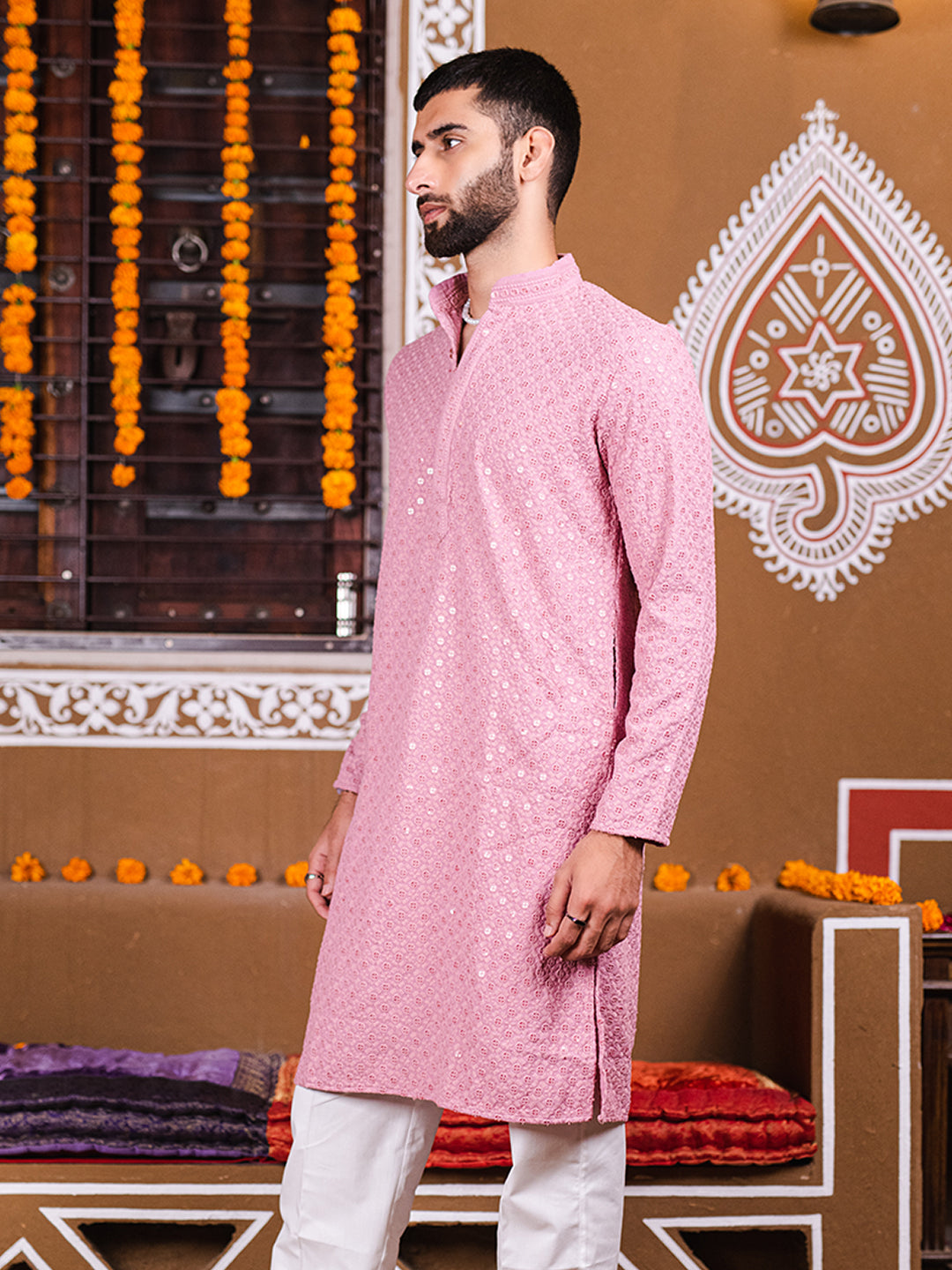 Dusty Rose Rayon Sequence Embroidered Cotton Men's Kurta