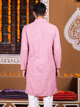 Dusty Rose Rayon Sequence Embroidered Cotton Men's Kurta