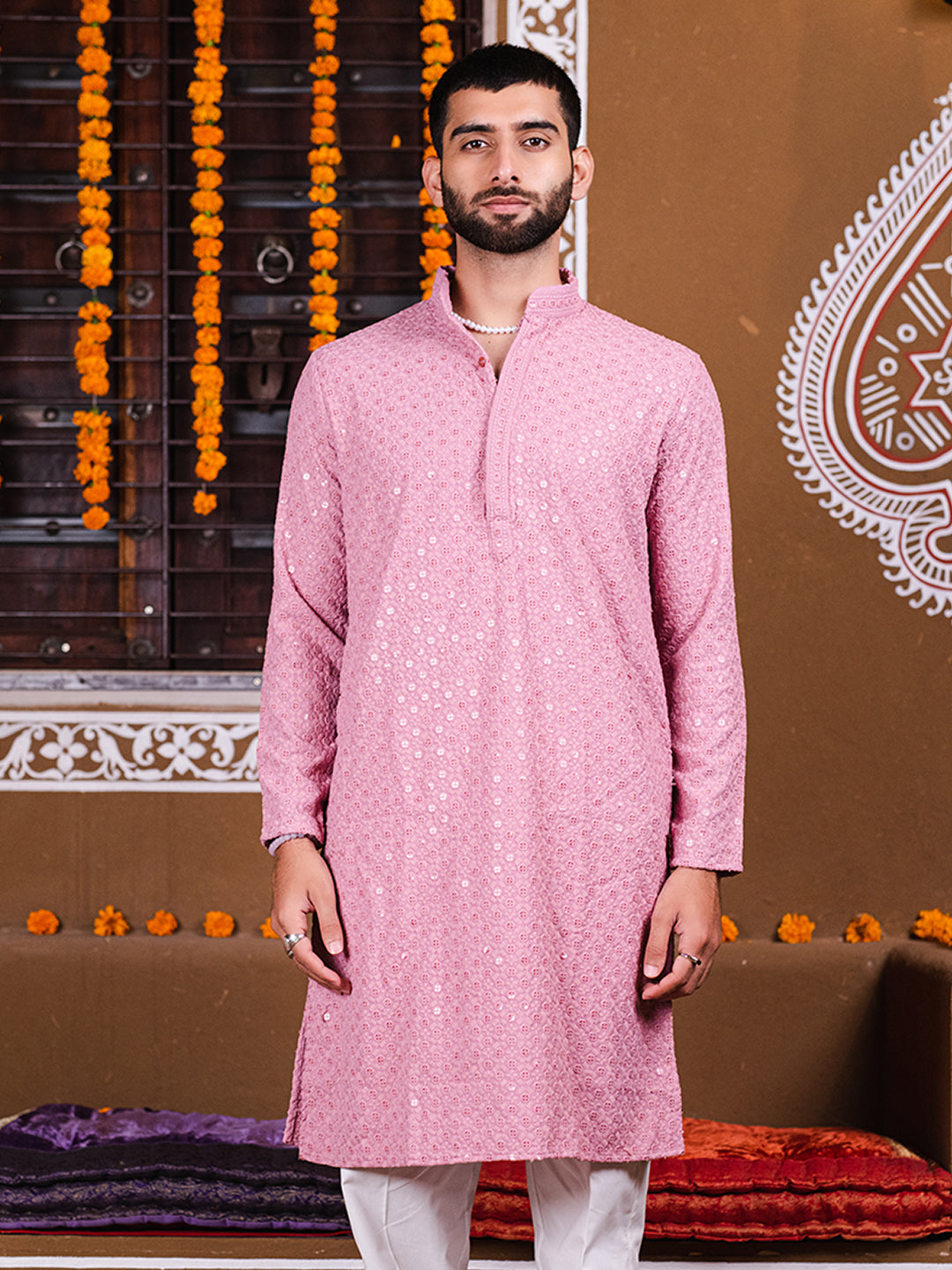 Dusty Rose Rayon Sequence Embroidered Cotton Men's Kurta