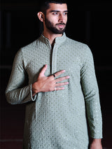 Elm Green Rayon Sequence Embroidered Cotton Men's Kurta