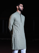 Elm Green Rayon Sequence Embroidered Cotton Men's Kurta