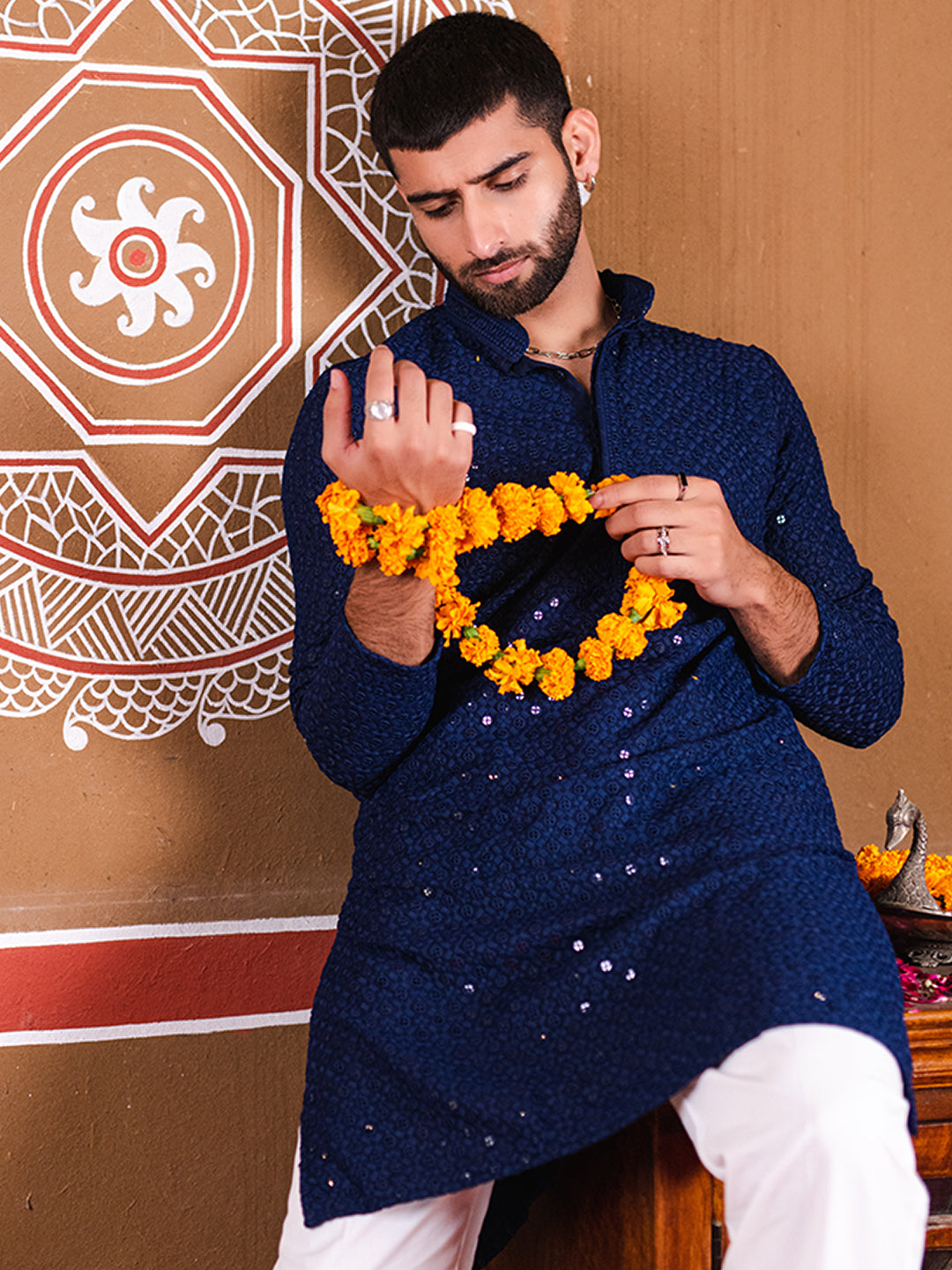 Navy Blue Rayon Sequence Embroidered Cotton Men's Kurta