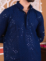 Navy Blue Rayon Sequence Embroidered Cotton Men's Kurta