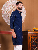 Navy Blue Rayon Sequence Embroidered Cotton Men's Kurta