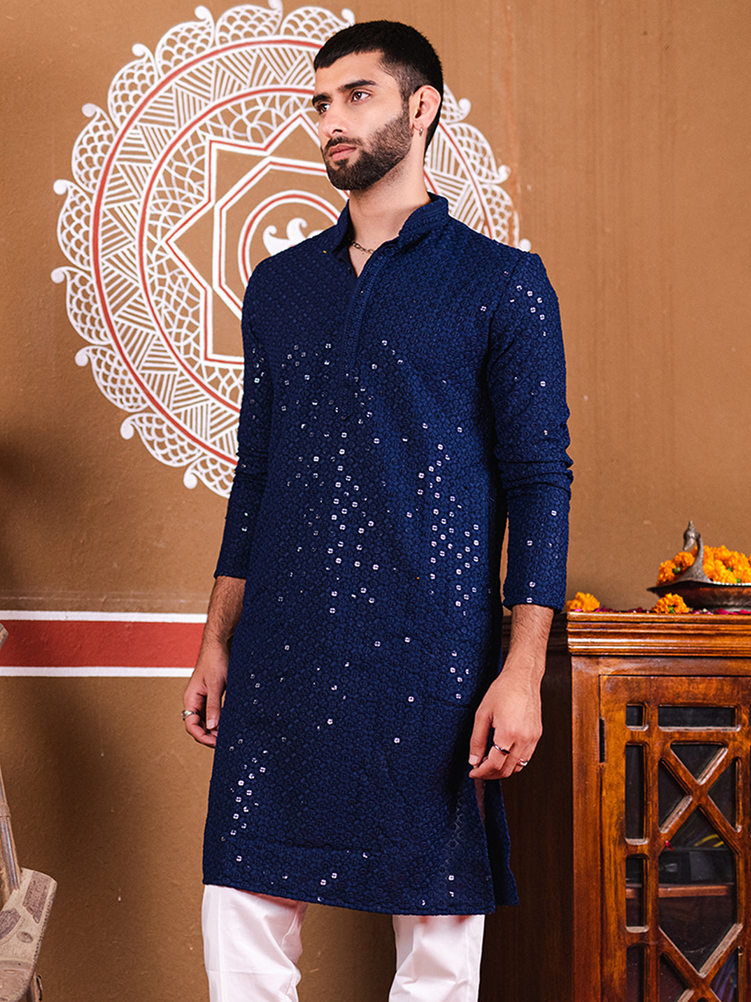 Navy Blue Rayon Sequence Embroidered Cotton Men's Kurta