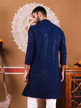 Navy Blue Rayon Sequence Embroidered Cotton Men's Kurta