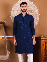 Navy Blue Rayon Sequence Embroidered Cotton Men's Kurta