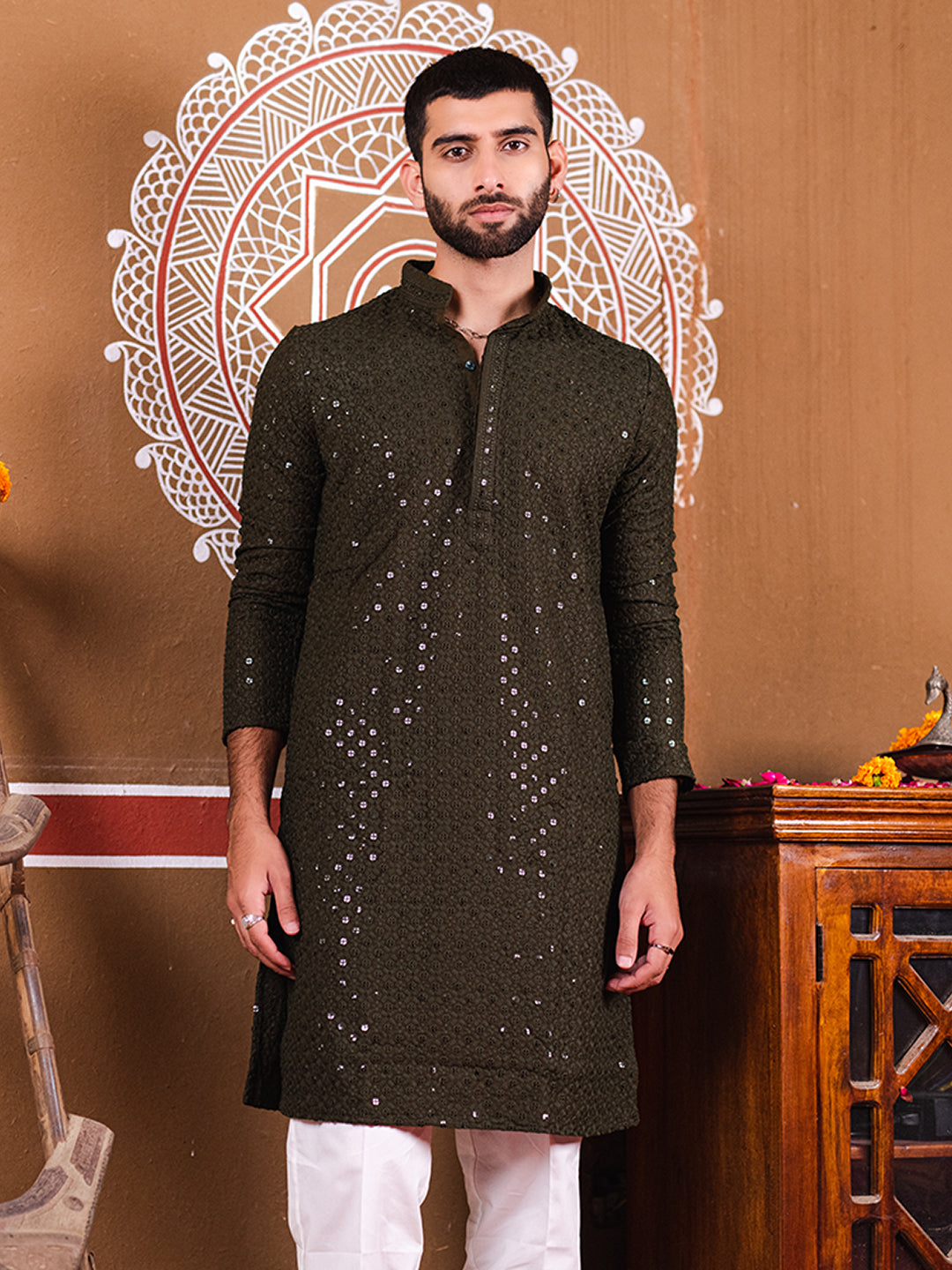 Buy Deep Green Cotton Embroidered Men s Kurta online