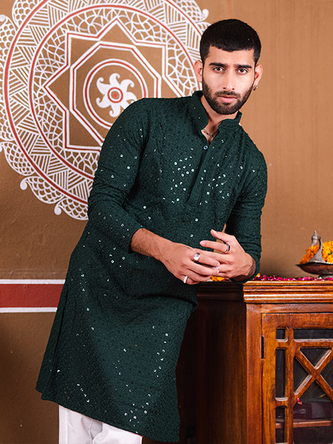 Bottle Green Rayon Sequence Embroidered Cotton Men's Kurta