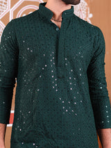 Bottle Green Rayon Sequence Embroidered Cotton Men's Kurta