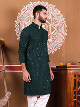 Bottle Green Rayon Sequence Embroidered Cotton Men's Kurta