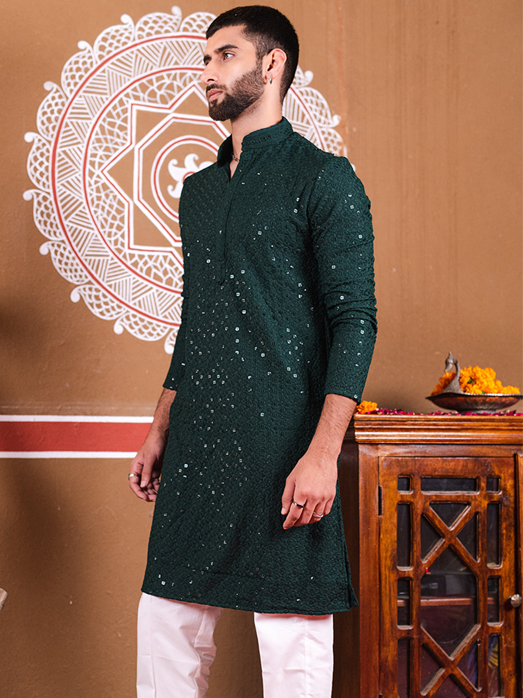 Bottle Green Rayon Sequence Embroidered Cotton Men's Kurta