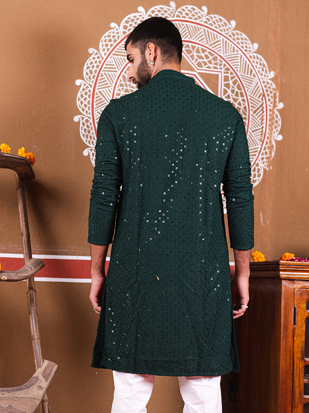 Bottle Green Rayon Sequence Embroidered Cotton Men's Kurta