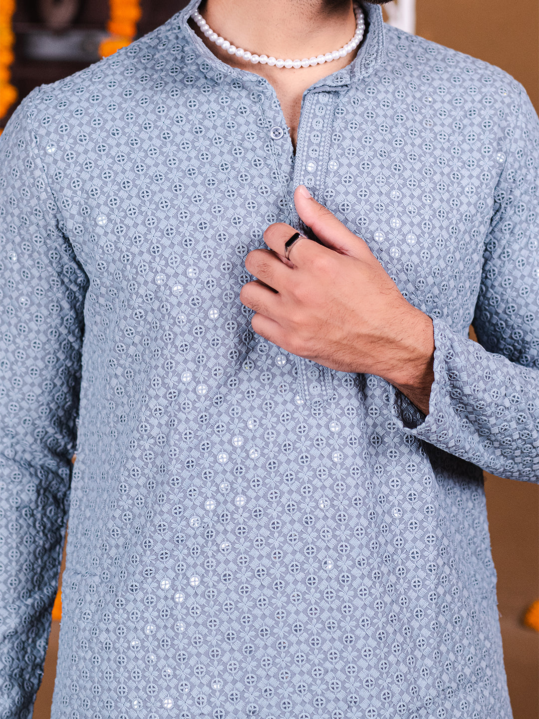 Blue Grey Rayon Sequence Embroidered Cotton Men's Kurta