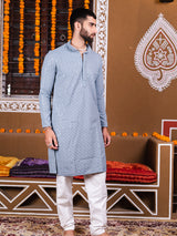 Blue Grey Rayon Sequence Embroidered Cotton Men's Kurta