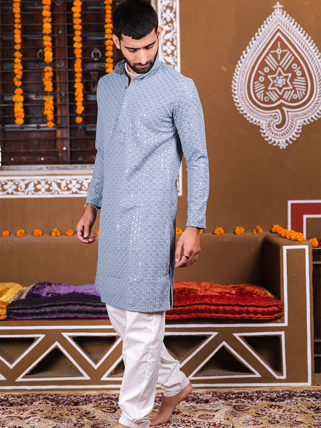 Blue Grey Rayon Sequence Embroidered Cotton Men's Kurta