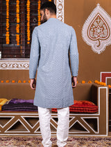 Blue Grey Rayon Sequence Embroidered Cotton Men's Kurta