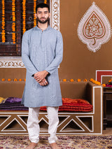 Blue Grey Rayon Sequence Embroidered Cotton Men's Kurta