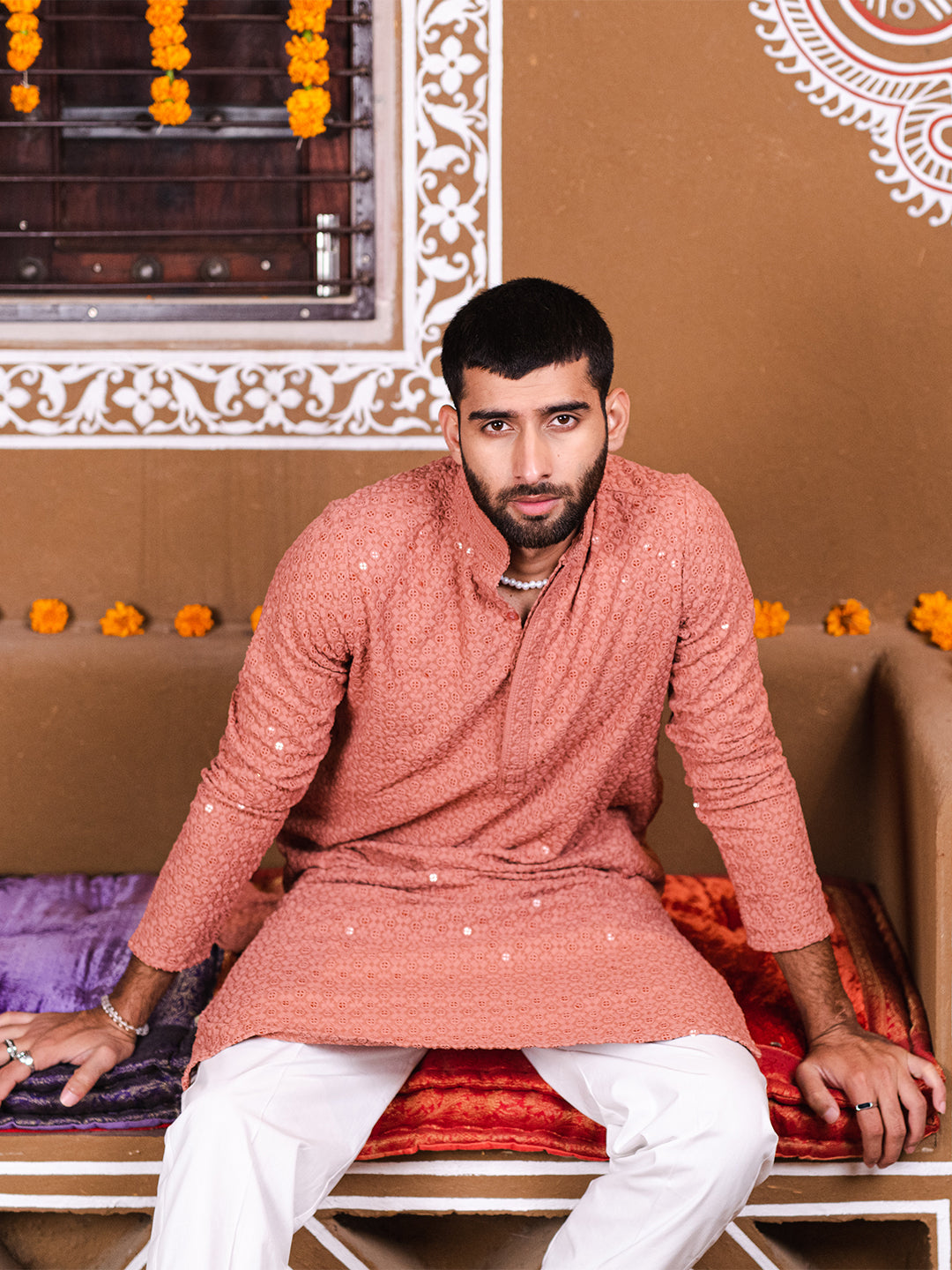 Dark Peach Rayon Sequence Embroidered Cotton Men's Kurta