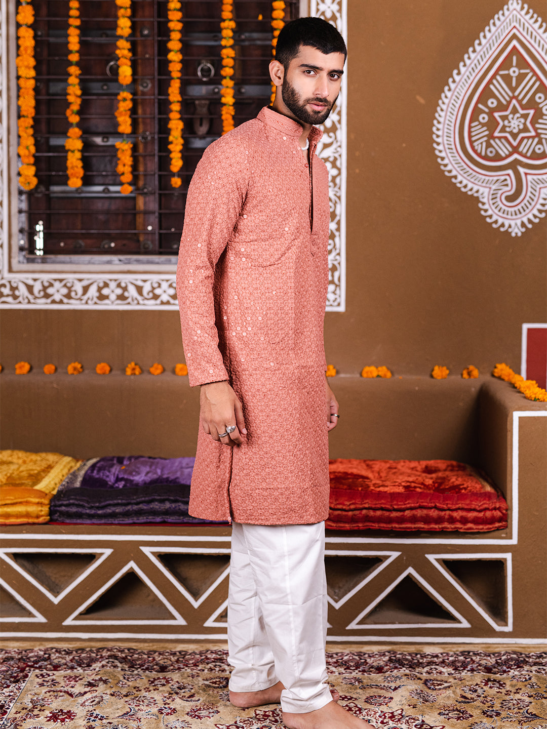 Dark Peach Rayon Sequence Embroidered Cotton Men's Kurta