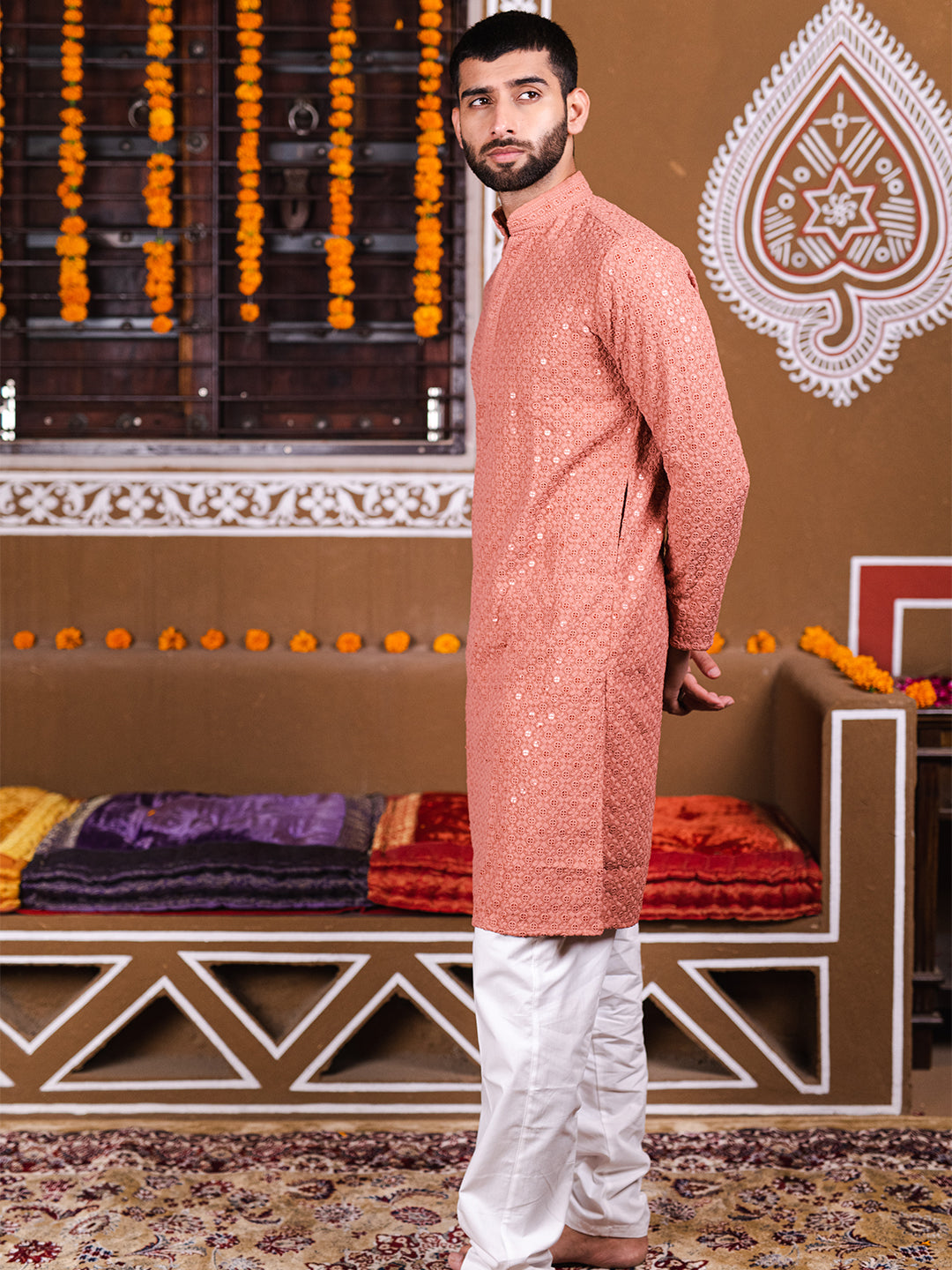 Dark Peach Rayon Sequence Embroidered Cotton Men's Kurta