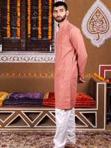 Dark Peach Rayon Sequence Embroidered Cotton Men's Kurta