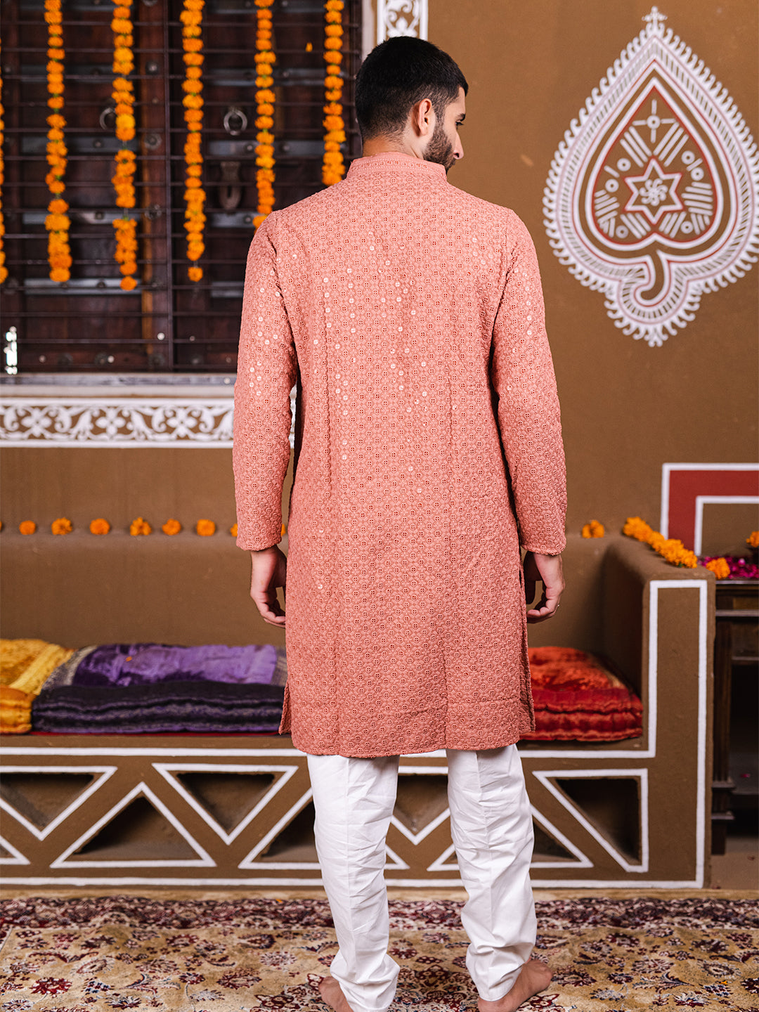 Dark Peach Rayon Sequence Embroidered Cotton Men's Kurta