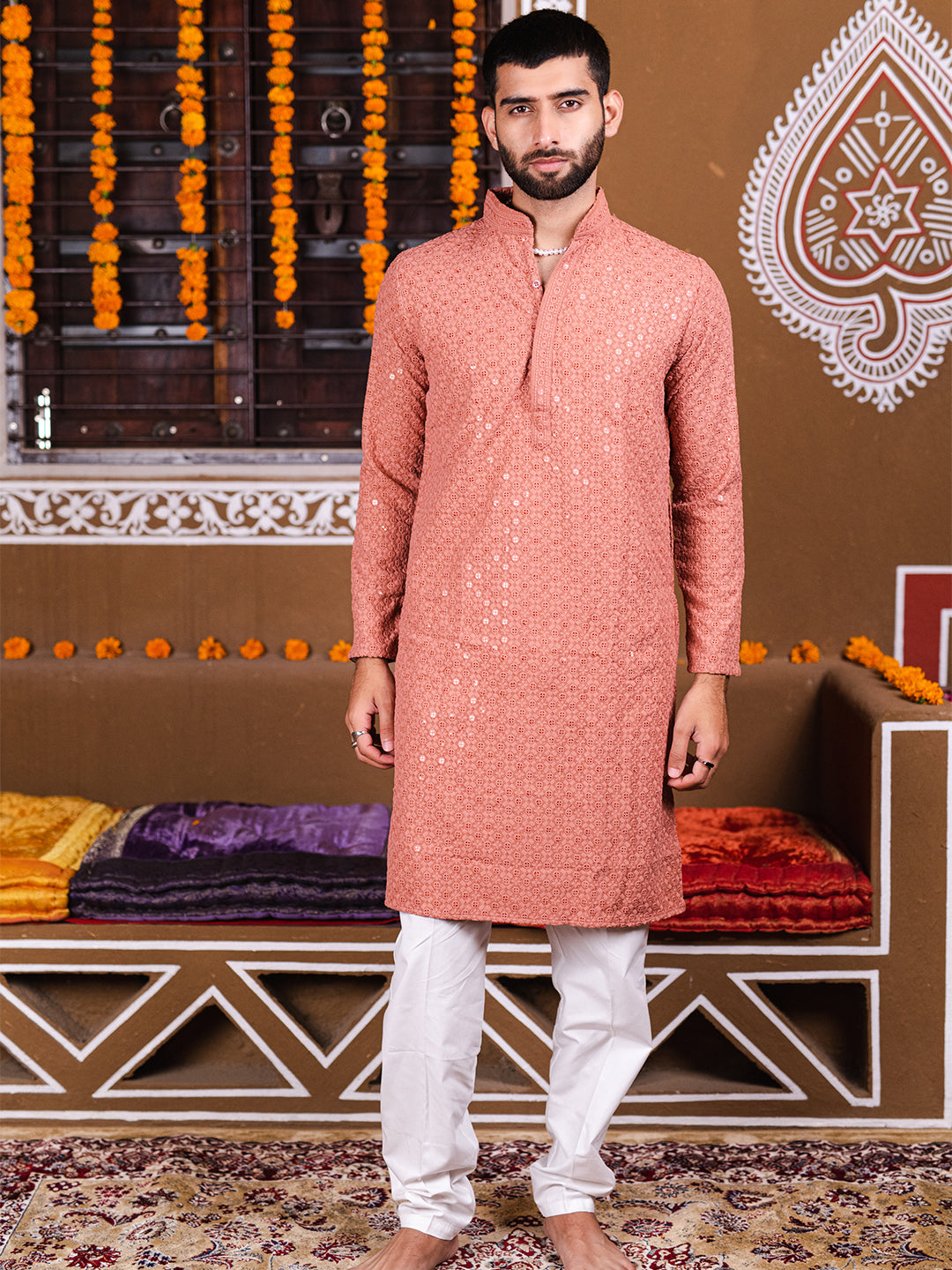 Dark Peach Rayon Sequence Embroidered Cotton Men's Kurta