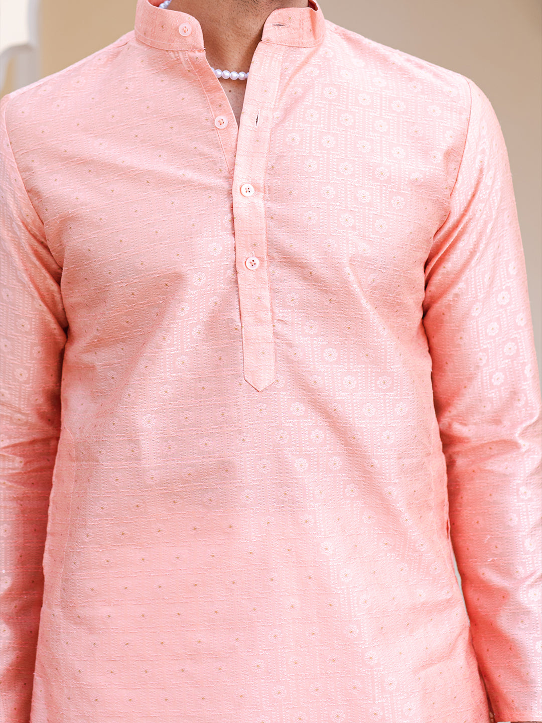 Peachy Pink Floral Jacquard Men's Kurta