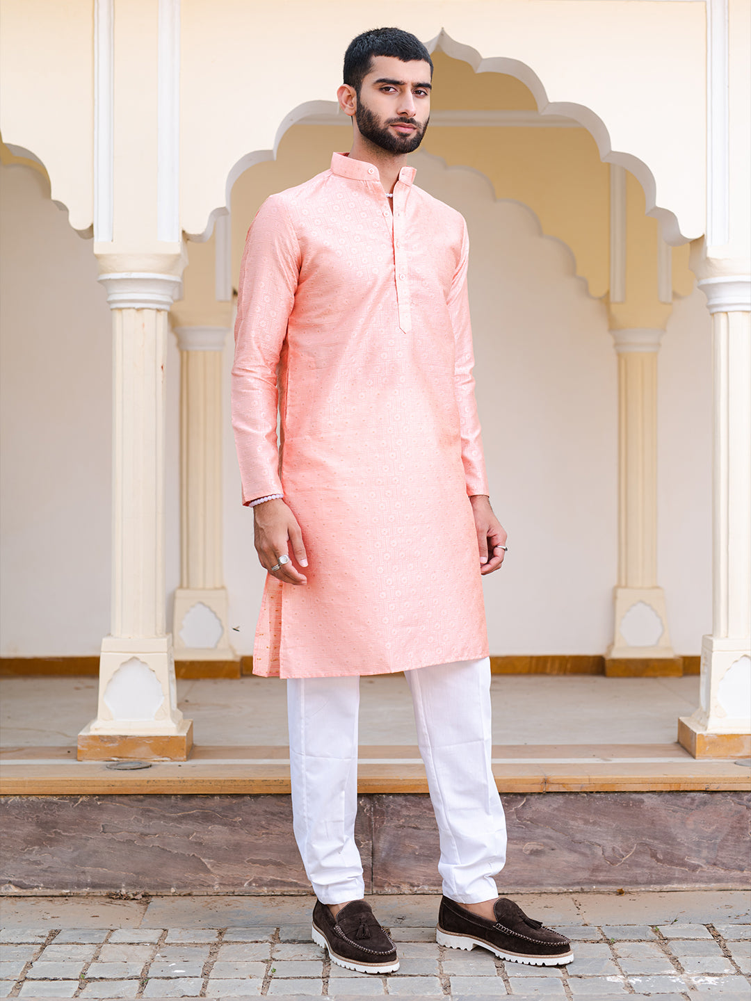 Peachy Pink Floral Jacquard Men's Kurta