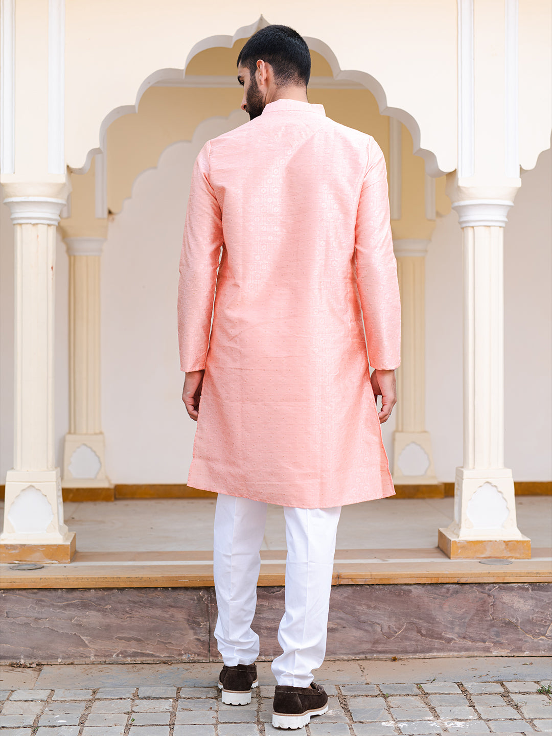 Peachy Pink Floral Jacquard Men's Kurta