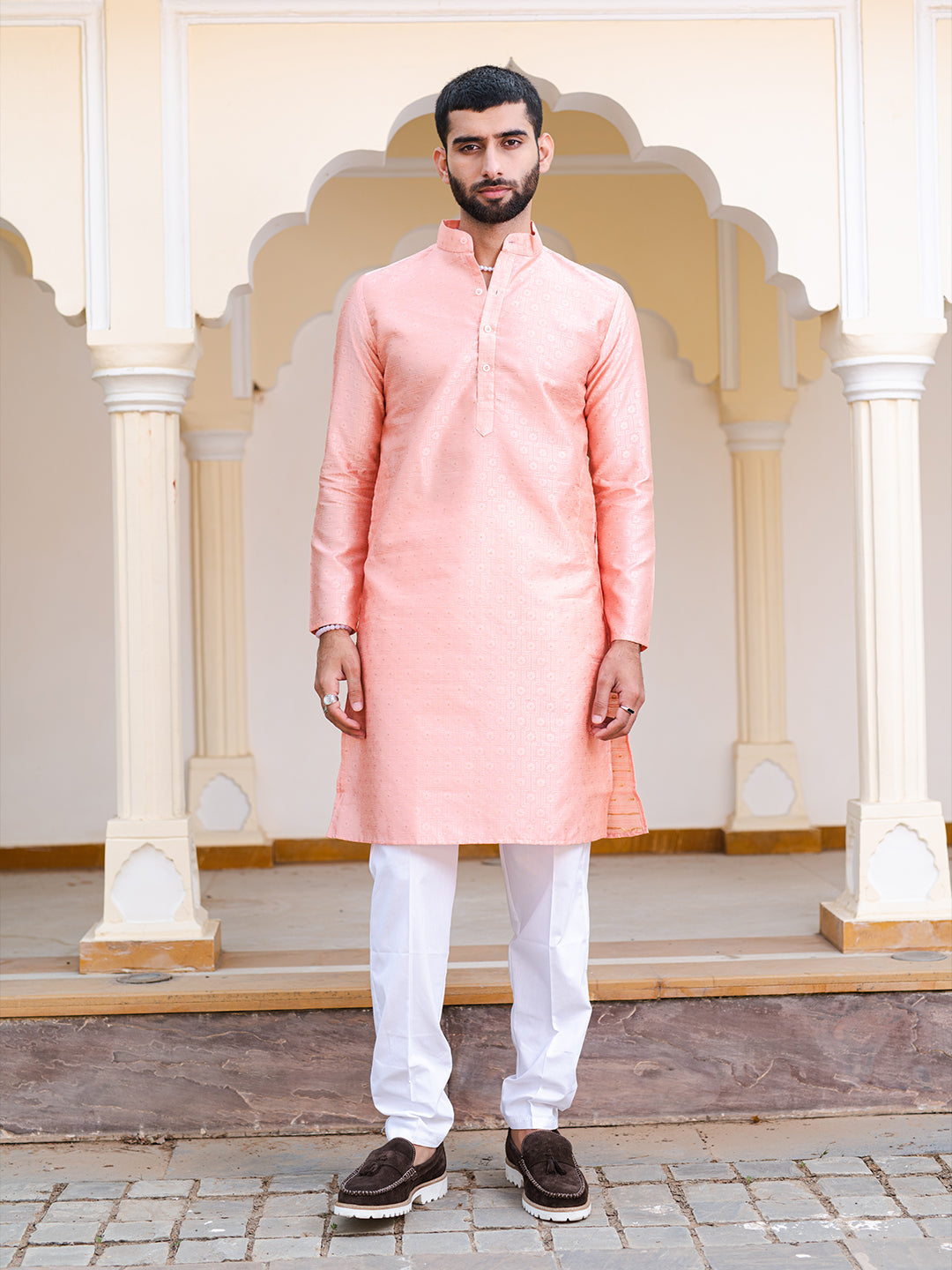 Peachy Pink Floral Jacquard Men's Kurta