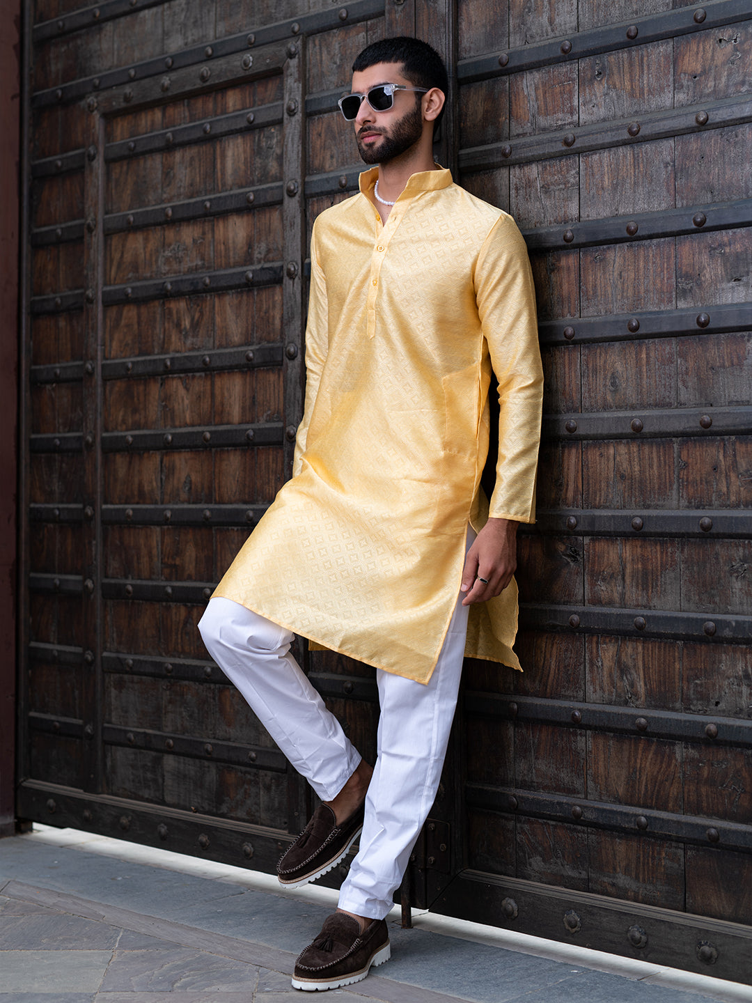 Sunset Yellow Geometric Jacquard Men's Kurta