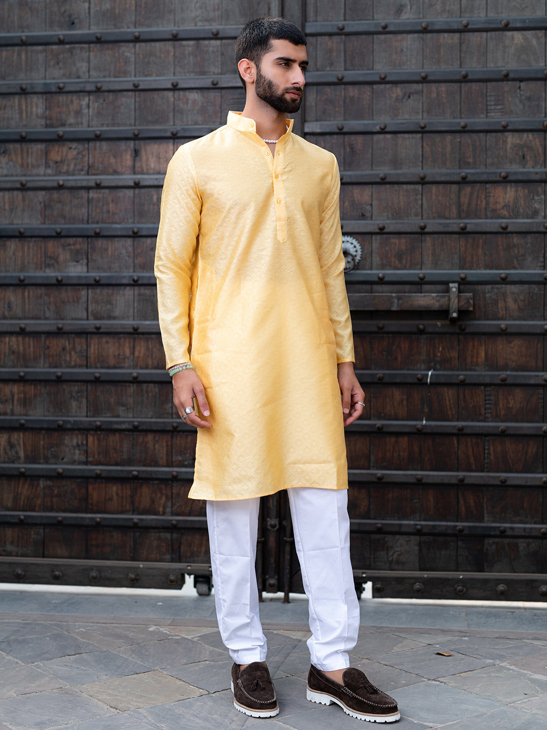 Sunset Yellow Geometric Jacquard Men's Kurta