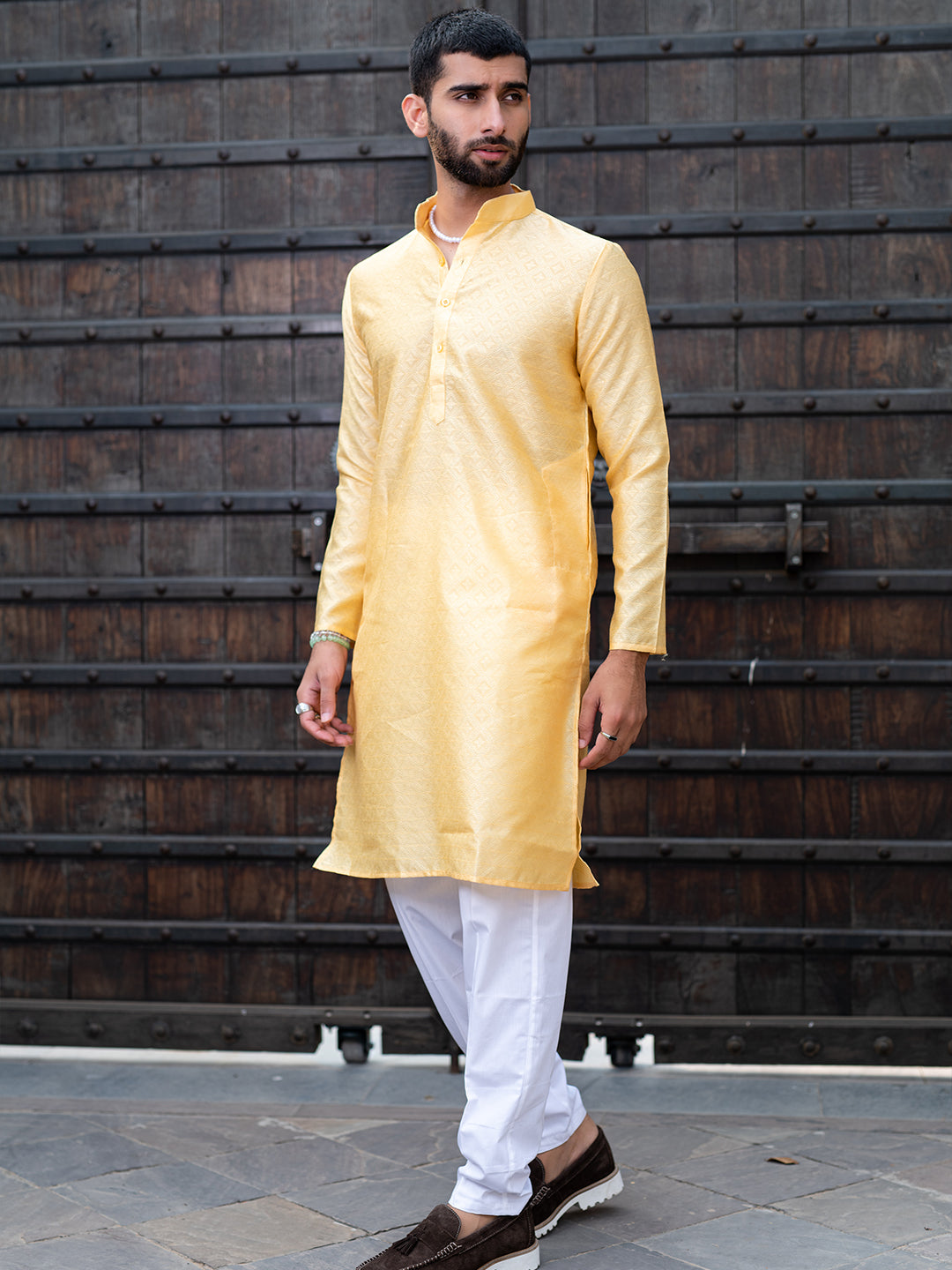 Sunset Yellow Geometric Jacquard Men's Kurta