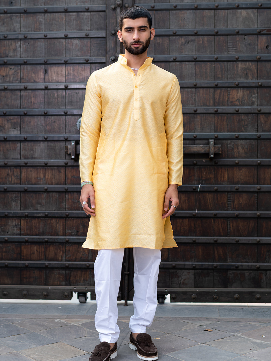 Sunset Yellow Geometric Jacquard Men's Kurta